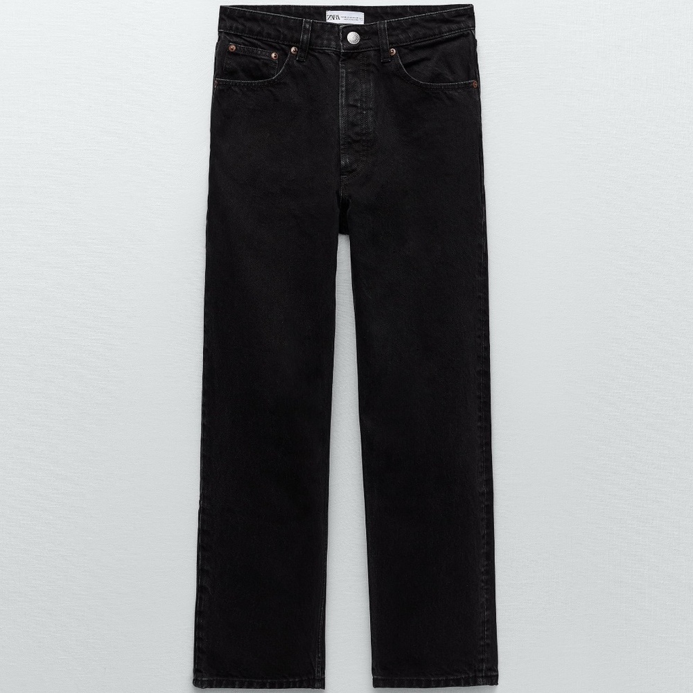 Zara High Waist Straight Leg Button Fly Black Jean